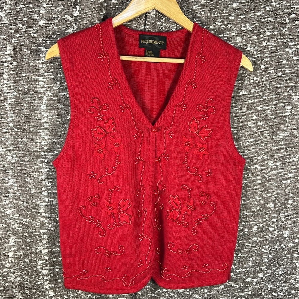 Requirements Red Floral Embroidered‎ Beaded Cotton Button Knit Sweater Vest